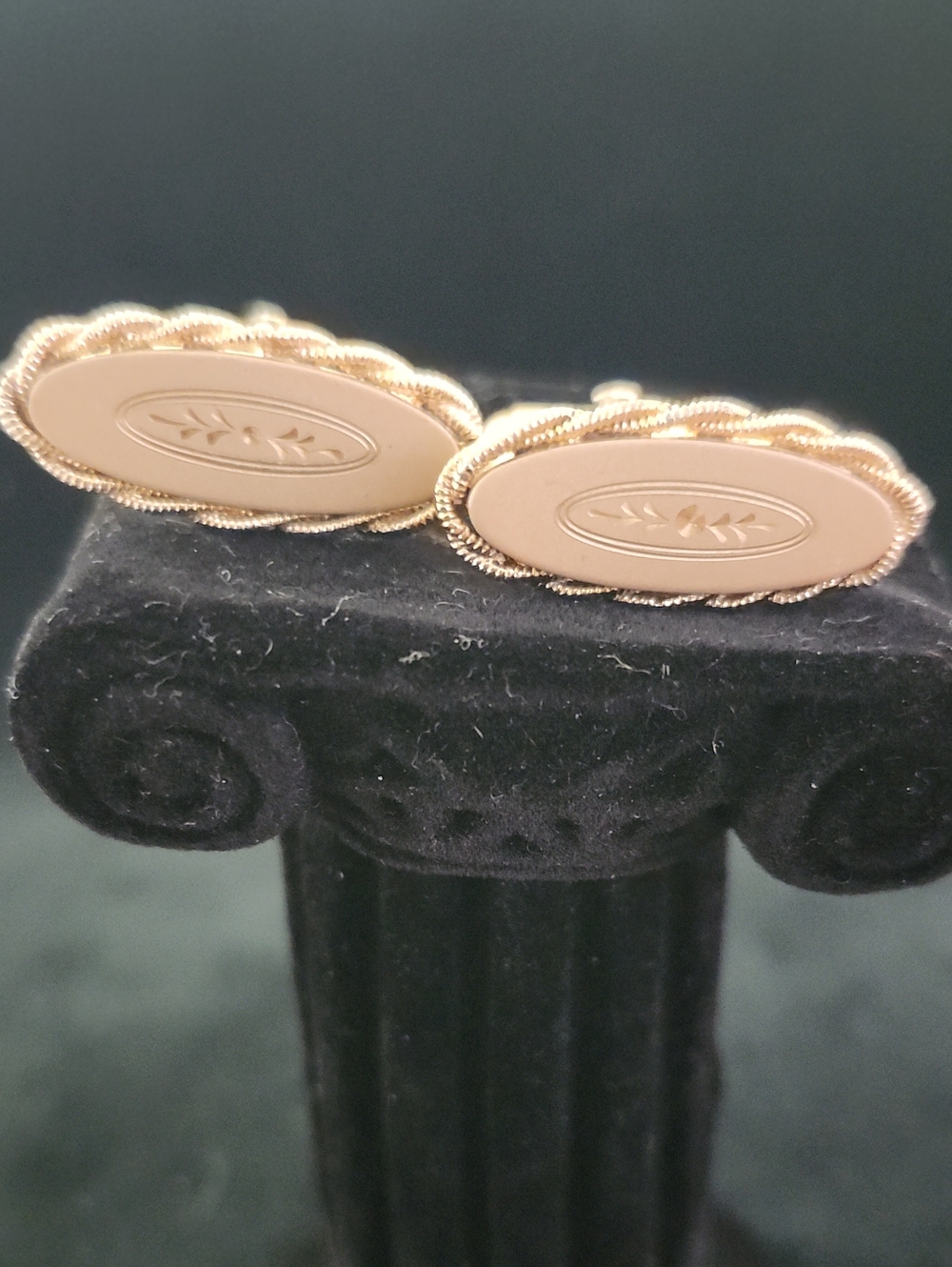 Vintage Gold Tone Victorian Revival Oval Cufflinks Etched Scroll & Rope Trim